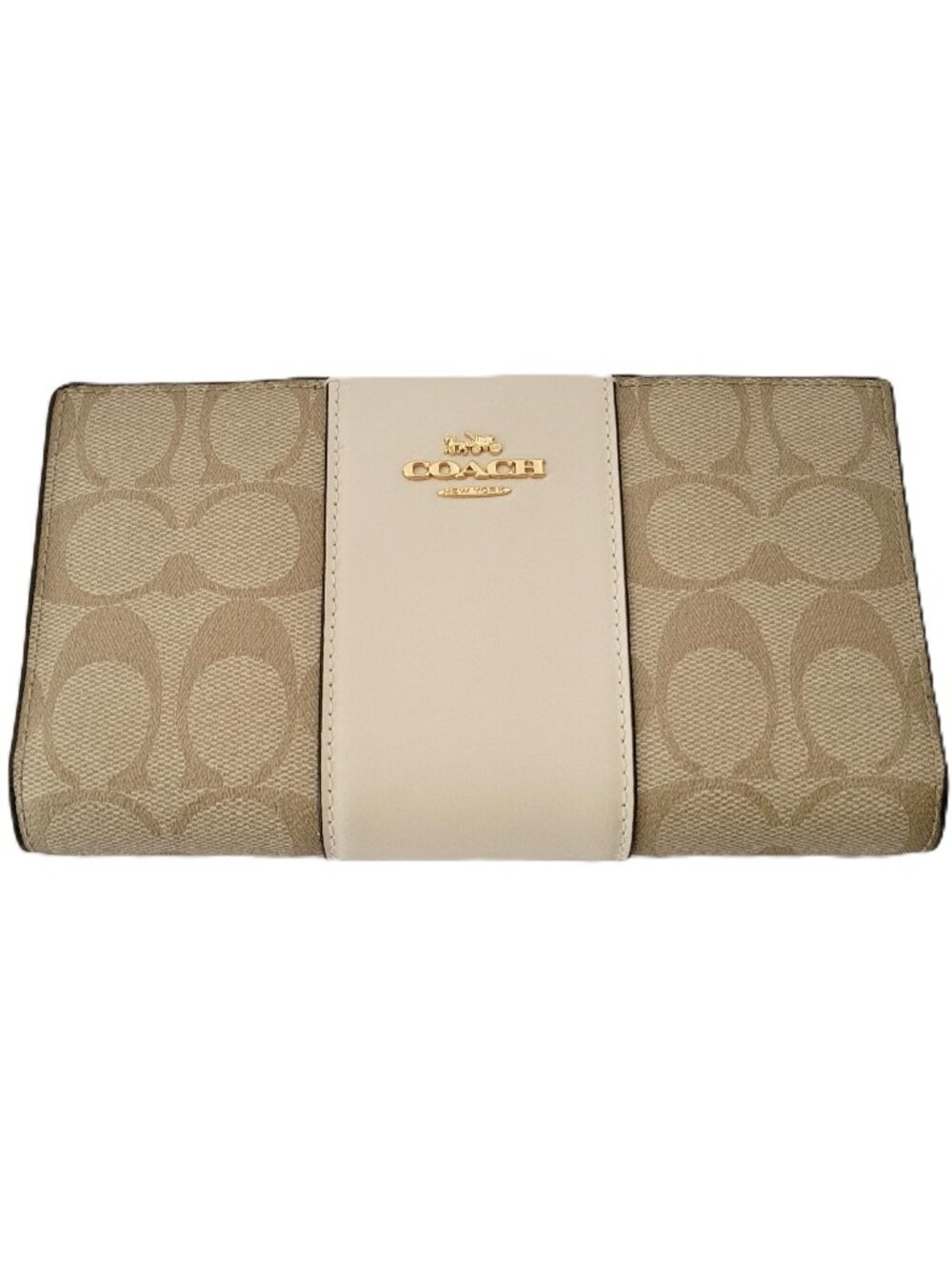 Coach CR928 Slim Zip Signature Leather Stripe Wallet Clutch Light Khaki Chalk